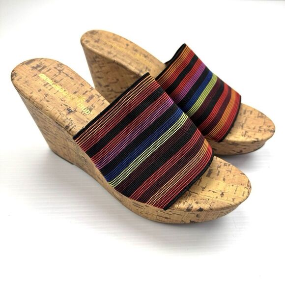 Montego Bay Club Size 7.5 Mule Wedge Colorful Stripe Open Toe Heels Cork 90s Y2K - Picture 1 of 11
